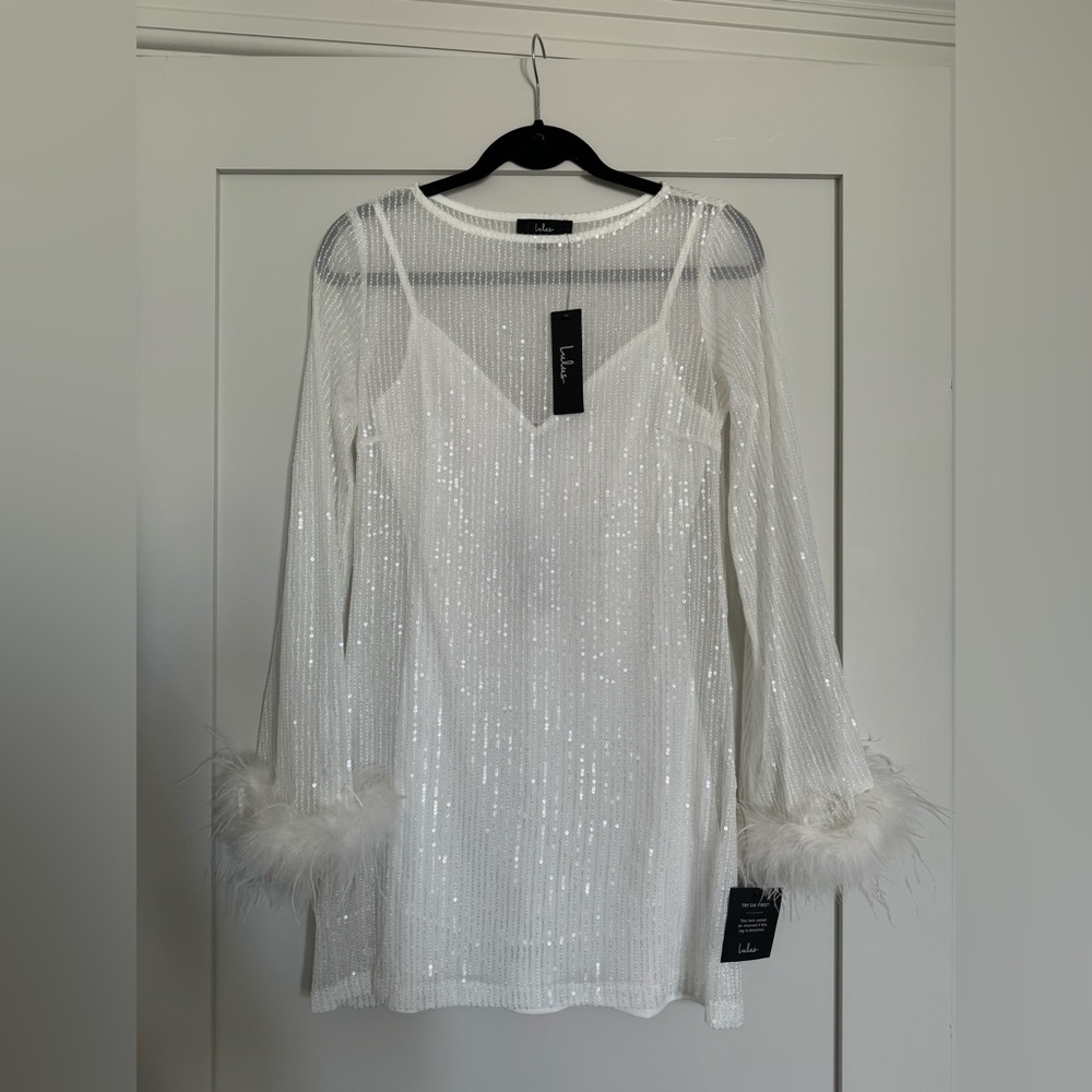 Lulu’s White Sequin Long Sleeve Mesh Mini Dress, size S